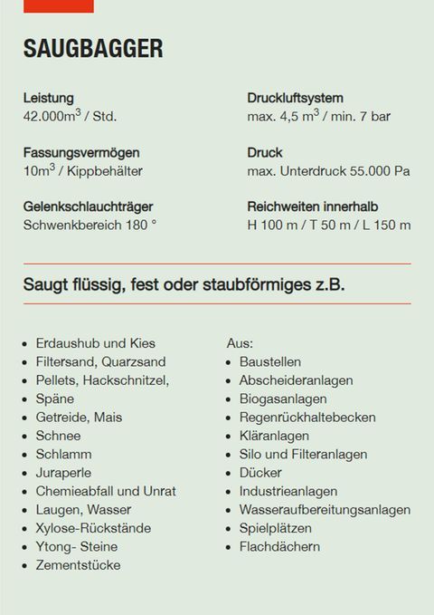 Saugbagger Hennef - Technische Daten Saugbagger